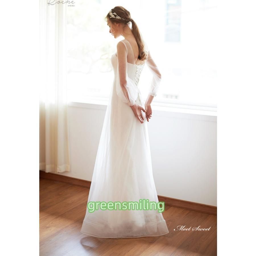 ウェディングドレス ウエディングドレス ロングドレス 二次会 結婚式 前撮り ブライダル 花嫁 長袖 スレンダードレス 編み上げ チュール MAAHADDERANG_COM