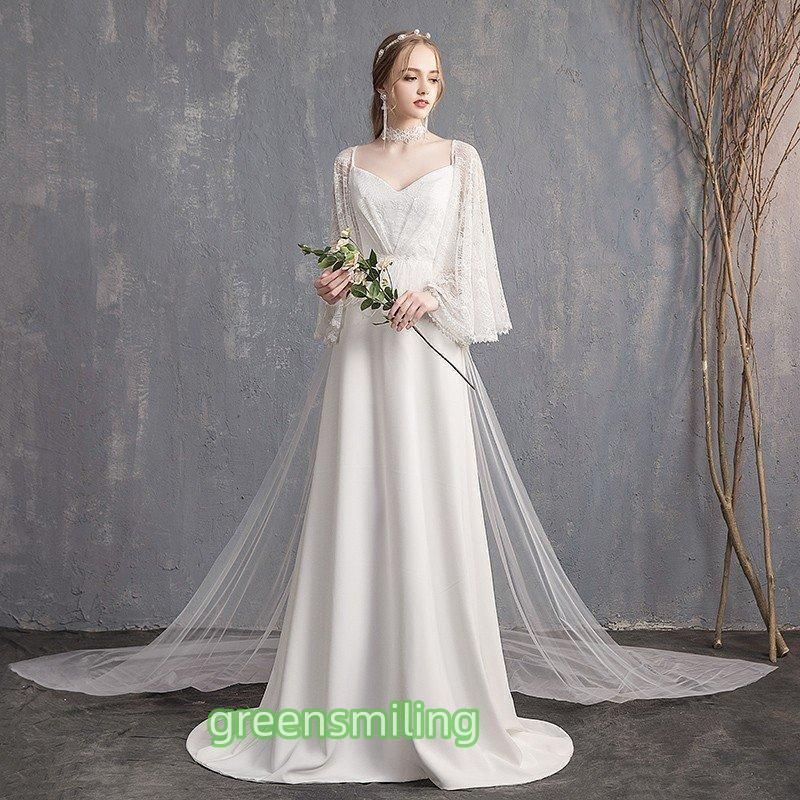 ウエディングドレス aライン 白 安い 長袖 ウェディングドレス 花嫁 結婚式 レース パーティードレス 二次会 ブライダル ロングドレス