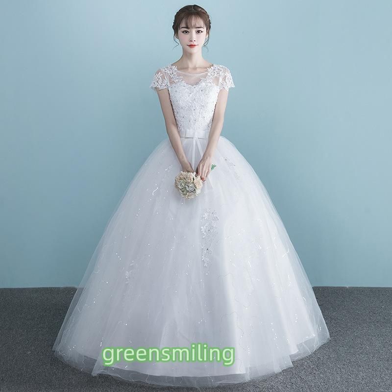 ウェディングドレス 半袖 5分袖 二次会 結婚式 披露宴 ブライダル ロングドレス レース 花嫁 ウエディングドレス プリンセスライン