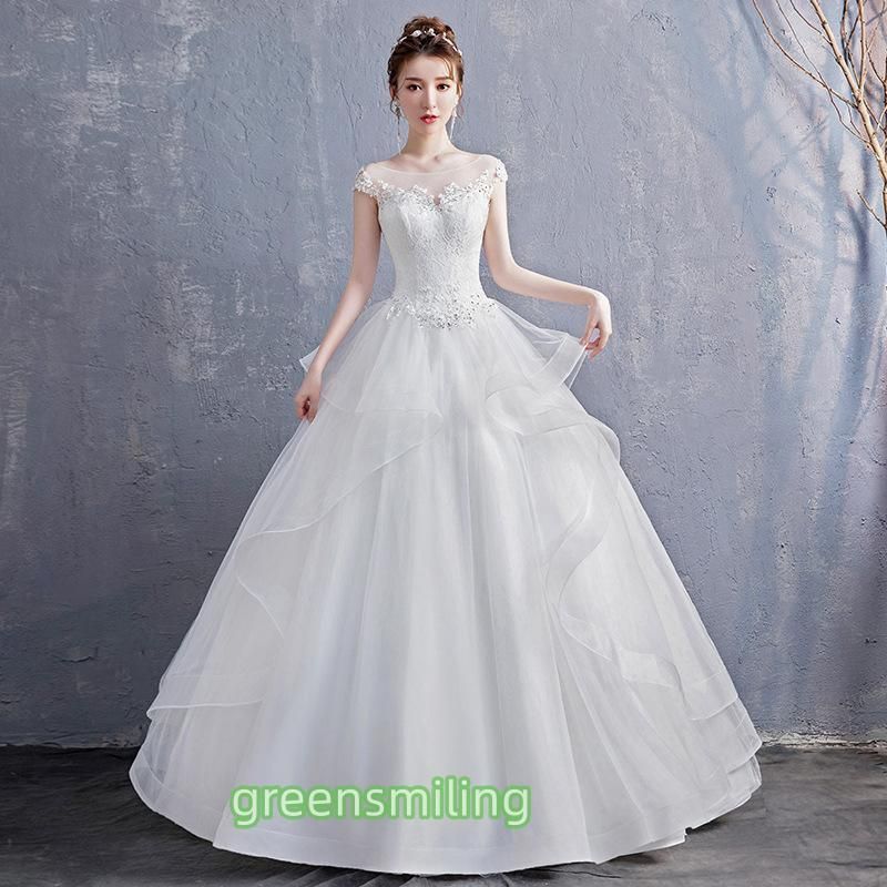 ウェディングドレス 二次会 結婚式 披露宴 ブライダル ロングドレス フレンチスリーブ 花嫁 ウエディングドレス プリンセスライン