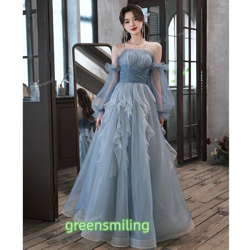 ドレス 2way 袖付き ブルー フリル ベアトップ オフショルダー 二次会 ウェディングドレスドレス 演奏会 結婚式 音楽会 発表会