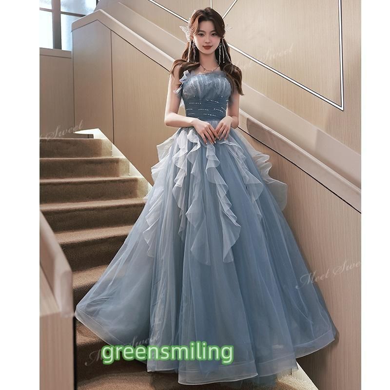 ドレス 2way 袖付き ブルー フリル ベアトップ オフショルダー 二次会 ウェディングドレスドレス 演奏会 結婚式 音楽会 発表会