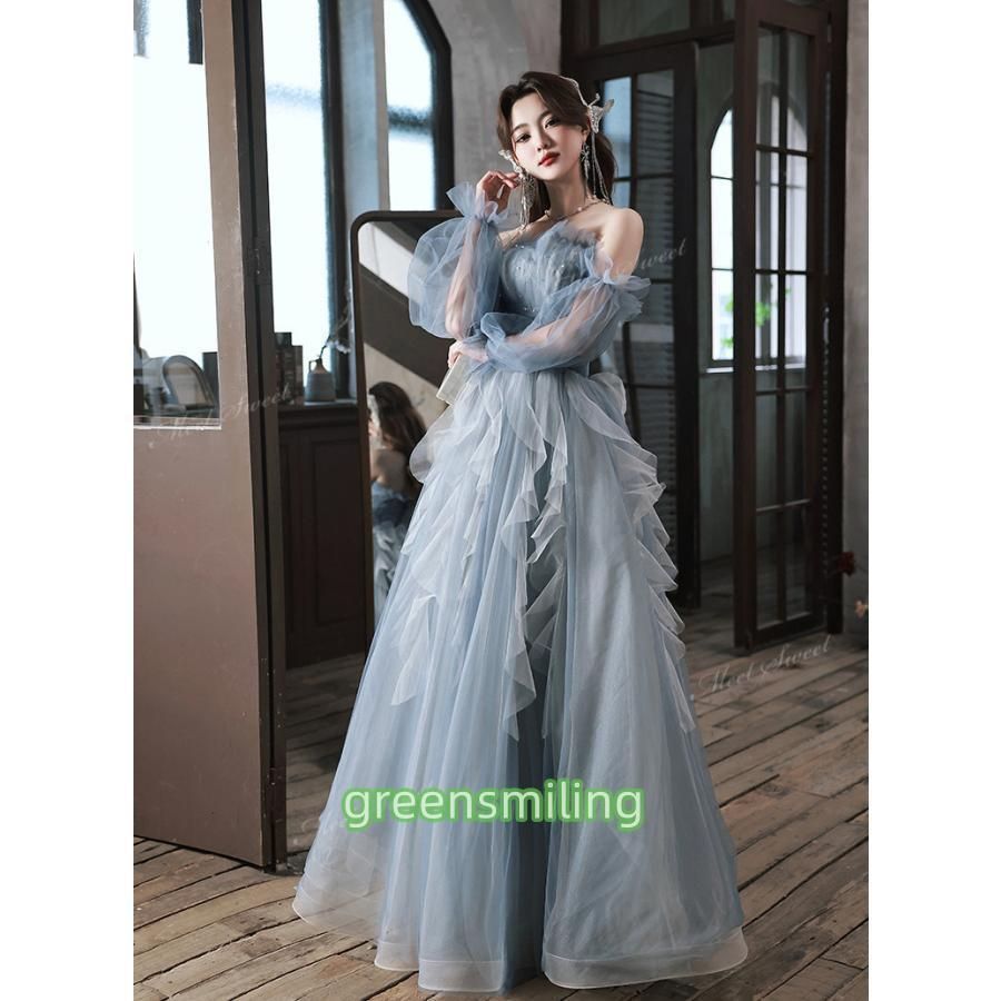 ドレス 2 way 袖付き ブルー フリル ベアトップ オフショルダー 二次会 ウェディングドレスドレス 演奏会 結婚式 音楽会 発表会