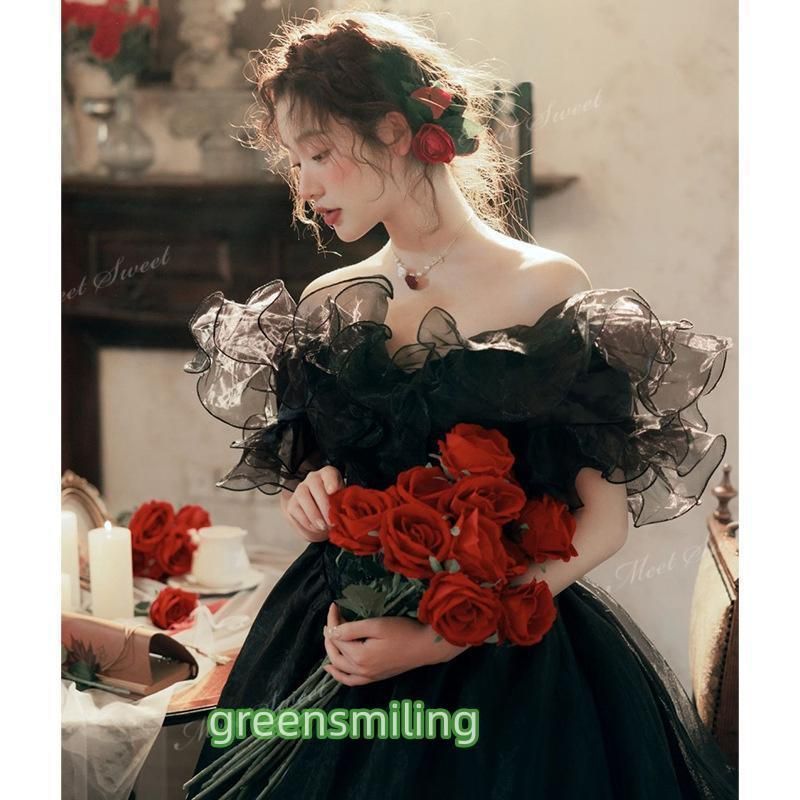 ドレス プリンセス ブラック オフショルダー ボリューム オーガンジー ウェディングドレスドレス 演奏会 結婚式 二次会 演奏会