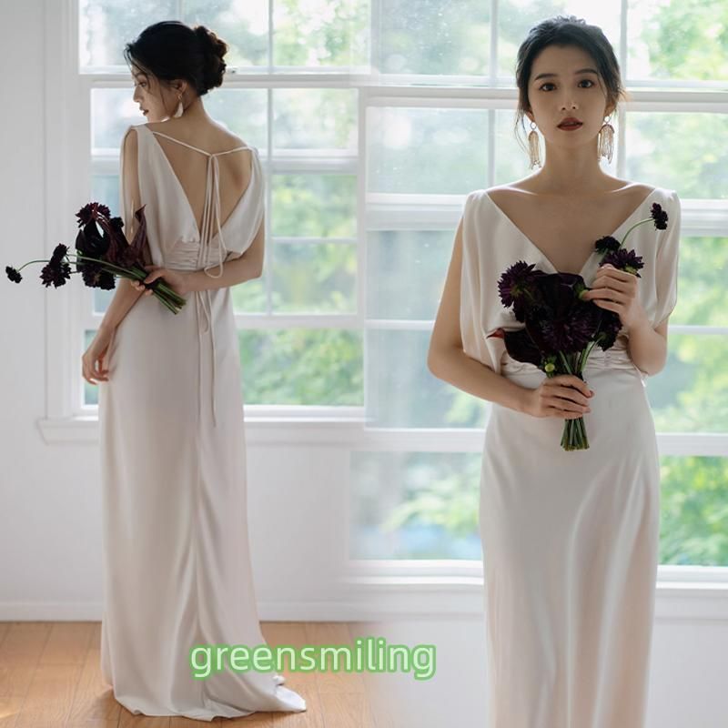 ウェディングドレス ウエディングドレス ロングドレス 二次会 結婚式 前撮り ブライダル 花嫁 スレンダードレス サテン 深Vネック