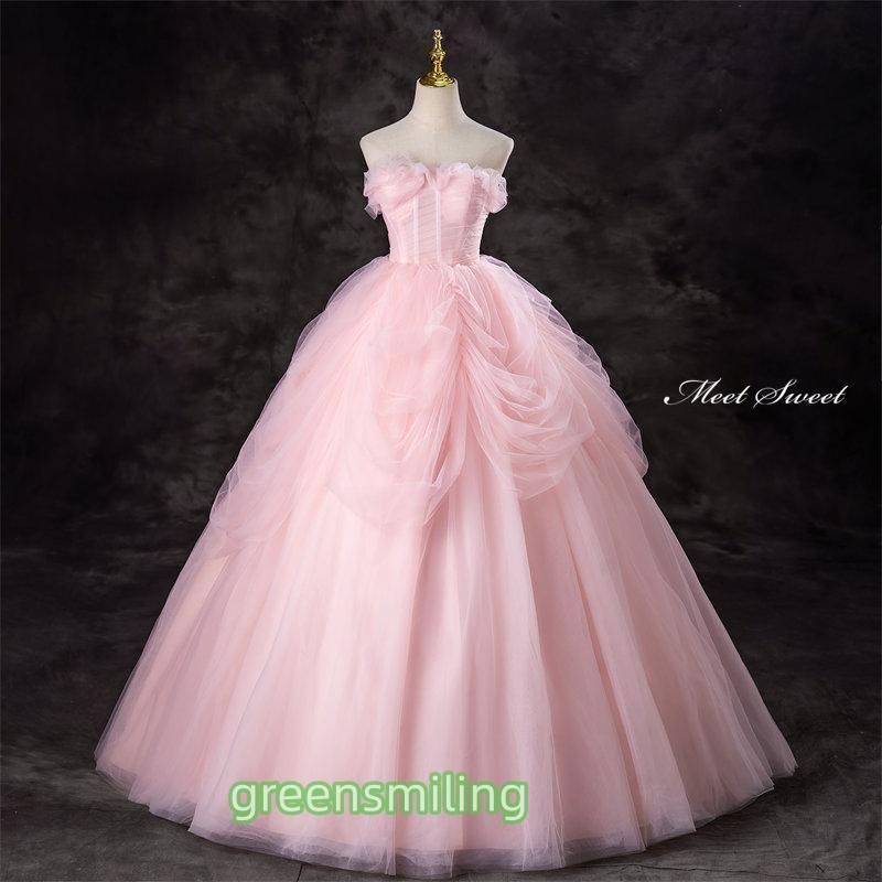 ドレス ピンク ベアトップ チュール ウェディングドレス ロングドレス 結婚式 二次会 演奏会 発表会 大人 姫系 ステージドレス