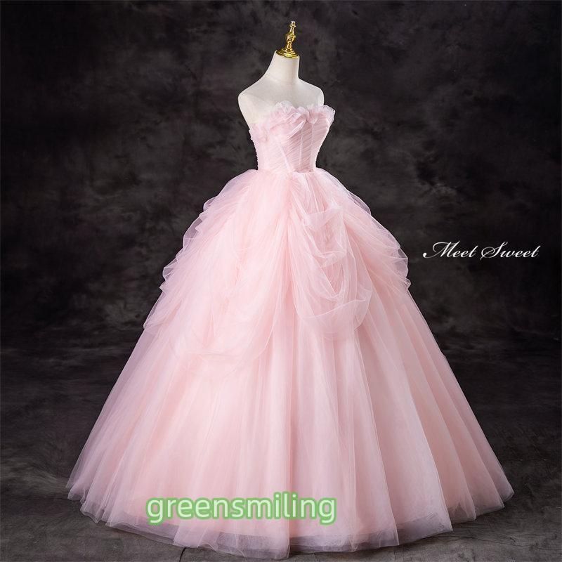 ドレス ピンク ベアトップ チュール ウェディングドレス ロングドレス 結婚式 二次会 演奏会 発表会 大人 姫系 ステージドレス