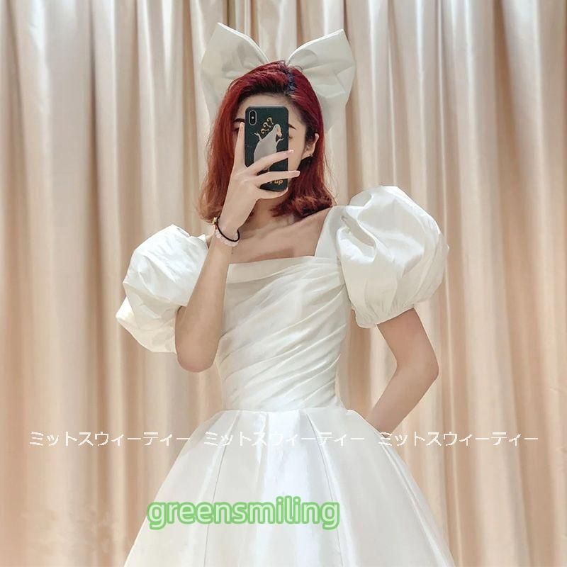 ウェディングドレス プリンセスラインドレス ミモレ丈 パフスリーブ ウエディングドレス 二次会 花嫁 パーティードレス 披露宴