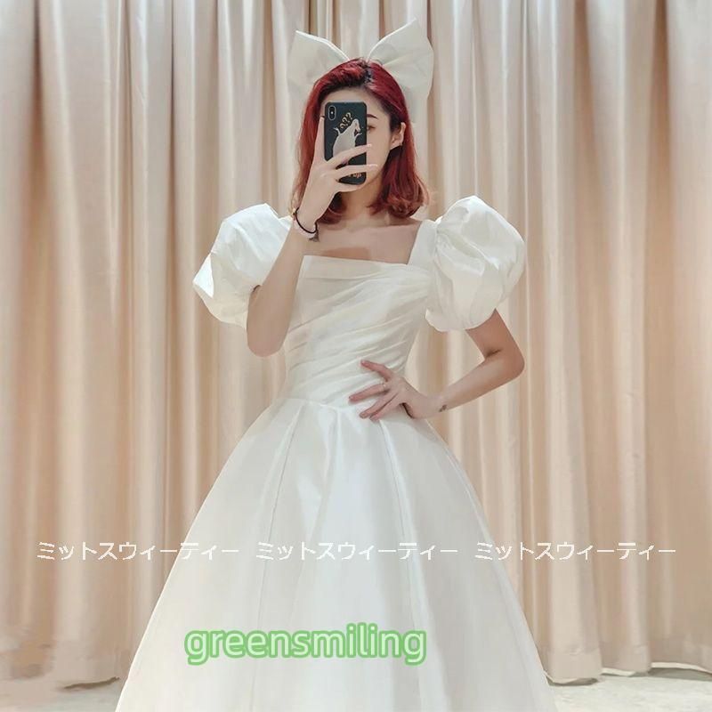 ウェディングドレス プリンセスラインドレス ミモレ丈 パフスリーブ ウエディングドレス 二次会 花嫁 パーティードレス 披露宴