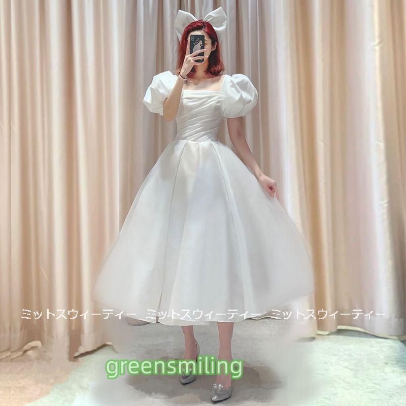 ウェディングドレス プリンセスラインドレス ミモレ丈 パフスリーブ ウエディングドレス 二次会 花嫁 パーティードレス 披露宴