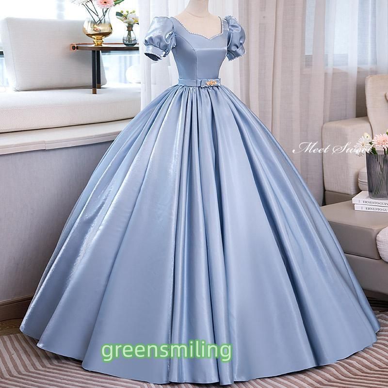ドレス プリンセスライン サテン パフスリーブ ブルー 半袖 ロングドレス ウェディングドレス 結婚式 二次会 花嫁 前撮り 演奏会