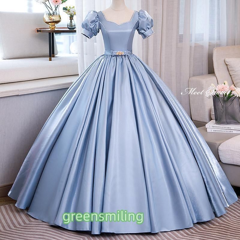ドレス プリンセスライン サテン パフスリーブ ブルー 半袖 ロングドレス ウェディングドレス 結婚式 二次会 花嫁 前撮り 演奏会