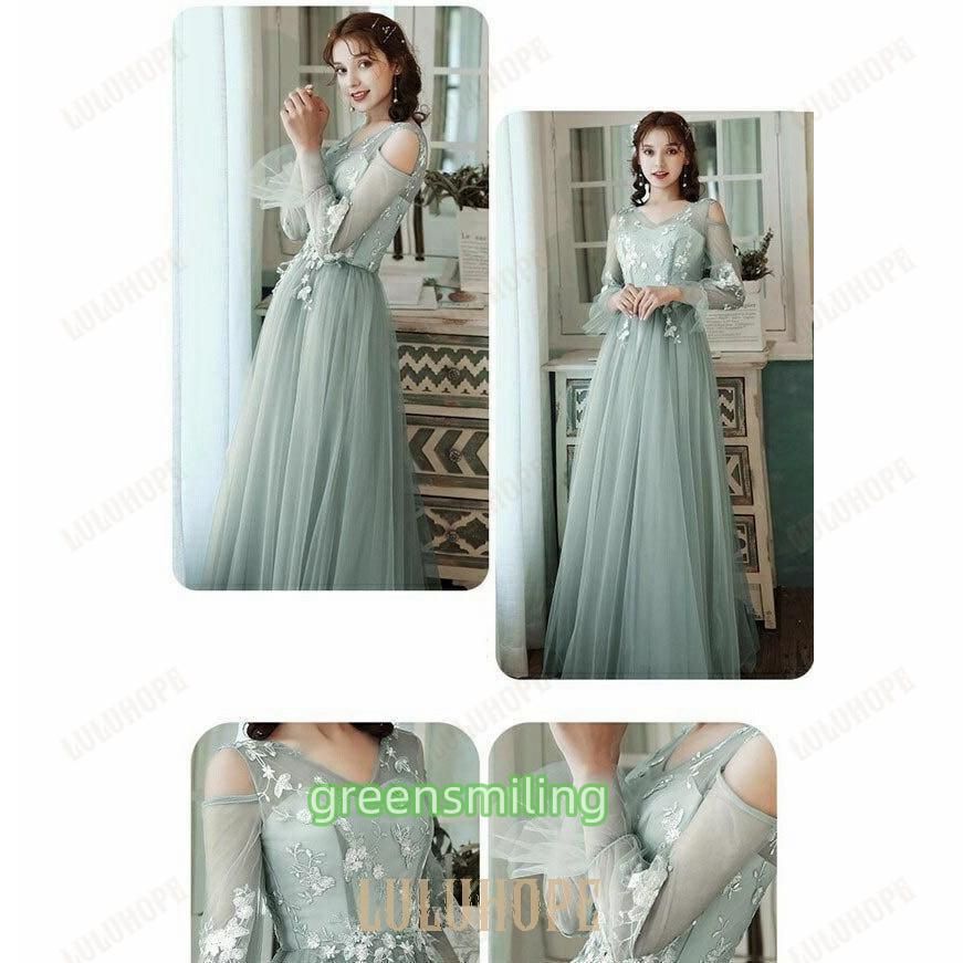 パーティードレス レディース レースドレス 緑 ロングドレス 袖あり 締め上げタイプ 編み上げドレス 袖付き お呼ばれ ブライズメイド MAAHADDERANG_COM