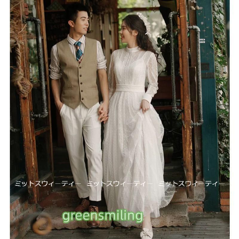 ウエディングドレス 二次会 花嫁 前撮り レース ウェディングドレス ロングドレス 結婚式 大人 エレガント 長袖 リゾートドレス