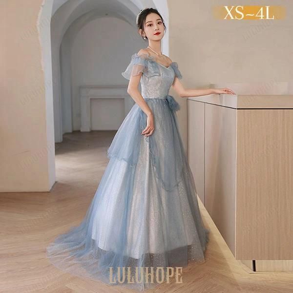 ドレス 大人 ピアノ 発表会 ロングドレス 演奏会 結婚式 母親 ピアノ発表会 袖付き ワンピース 水色 半袖 演奏会用ドレス