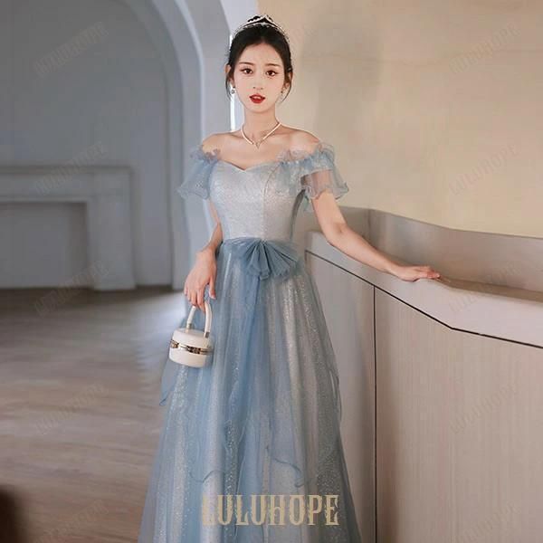 ドレス 大人 ピアノ 発表会 ロングドレス 演奏会 結婚式 母親 ピアノ発表会 袖付き ワンピース 水色 半袖 演奏会用ドレス