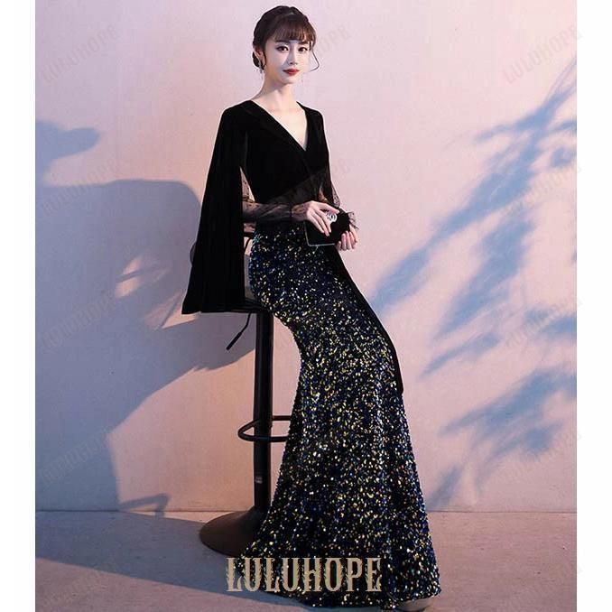 ドレス 大人 ピアノ 発表会 ロングドレス マーメイドライン 演奏会 結婚式 母親 ピアノ発表会 黒 袖付き キラキラ ワンピース 長袖 ショートカーデ パーティードレス 