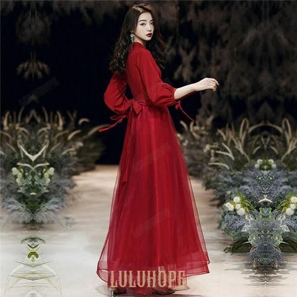 ロングドレス ワンピース 赤 レッド レディース ドレス 長袖 大人 ピアノ 発表会 パーティードレス 結婚式 成人式 演奏会用ドレス 20代