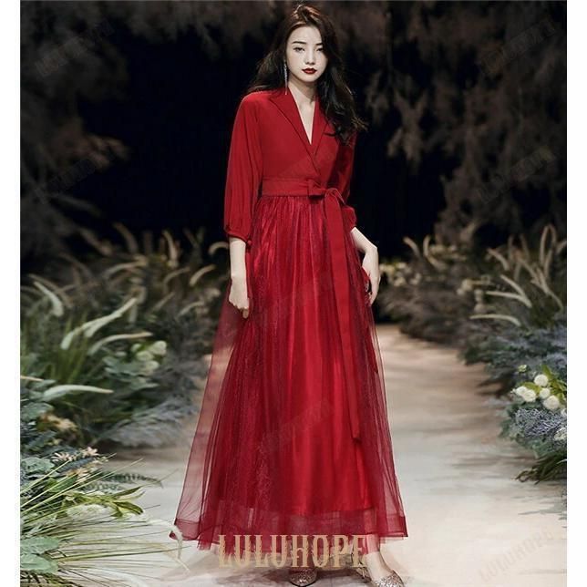 ロングドレス ワンピース 赤 レッド レディース ドレス 長袖 大人 ピアノ 発表会 パーティードレス 結婚式 成人式 演奏会用ドレス 20代 MAAHADDERANG_COM