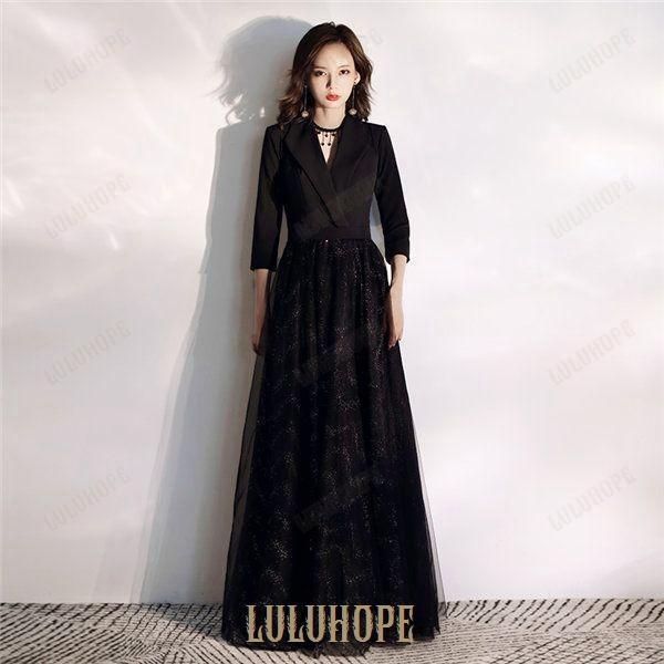 ロングドレス 演奏会 ドレス 大人 ピアノ 発表会 結婚式 母親 パーティードレス 黒 ブラック ワンピース お呼ばれ ドレス 小さいサイズ