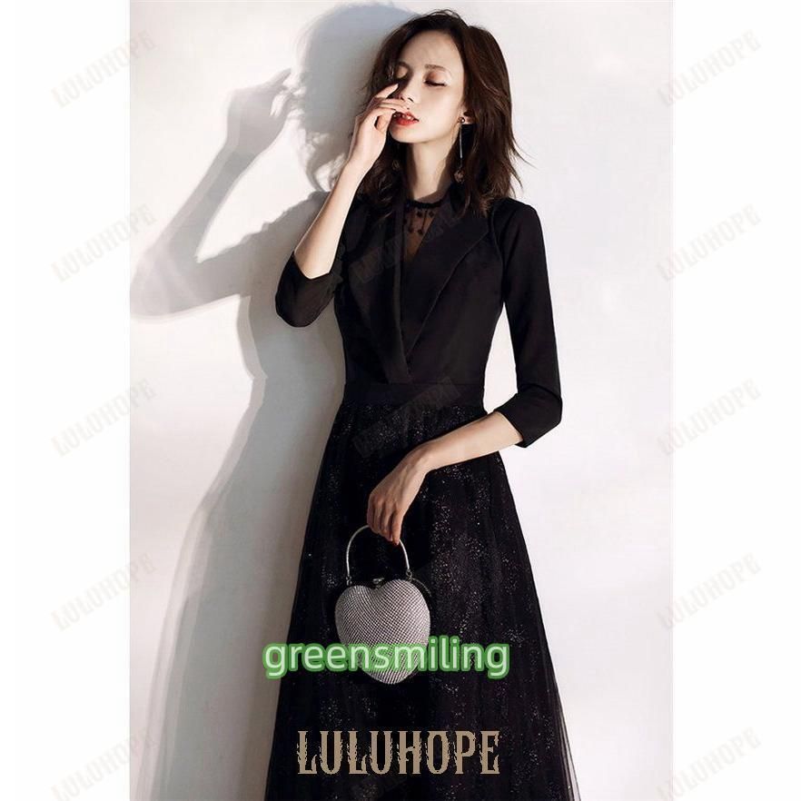 ロングドレス 演奏会 ドレス 大人 ピアノ 発表会 結婚式 母親 パーティードレス 黒 ブラック ワンピース お呼ばれ ドレス 小さいサイズ KOSOFT_CO