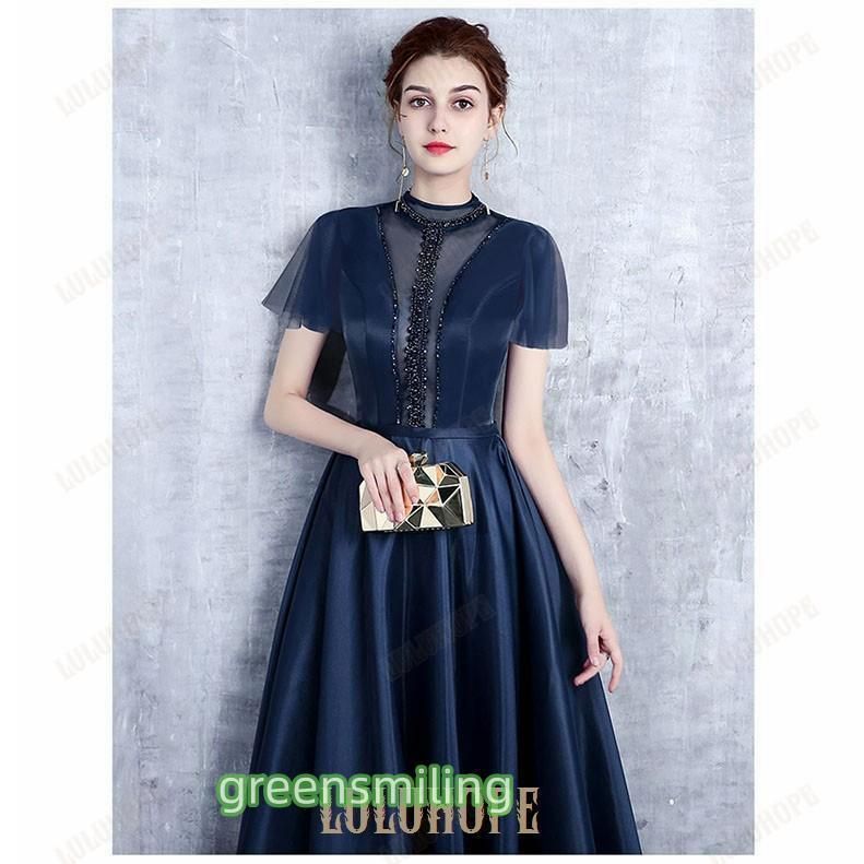 パーティードレス ロング丈 演奏会 ハイネック 透け感 半袖 ドレス 大人 ピアノ 発表会 成人式 同窓会 Aライン ステージドレス