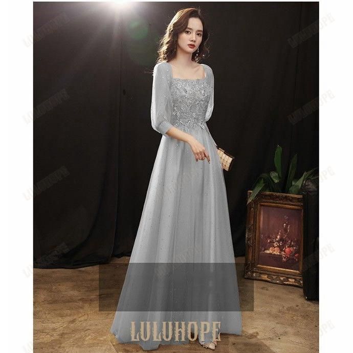 ロングドレス 袖付き 演奏会用ドレス グレー 結婚式ワンピース ピアノ発表会 ドレス 大人 パーティードレス ステージドレス