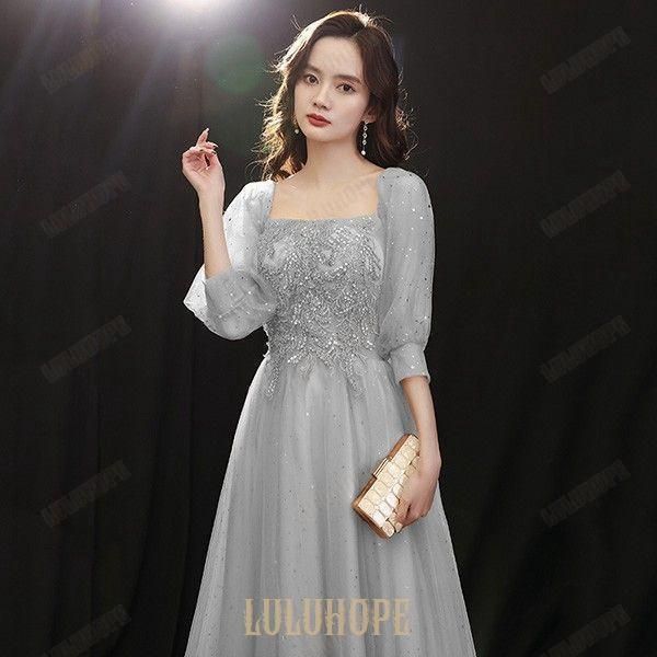 ロングドレス 袖付き 演奏会用ドレス グレー 結婚式ワンピース ピアノ発表会 ドレス 大人 パーティードレス ステージドレス