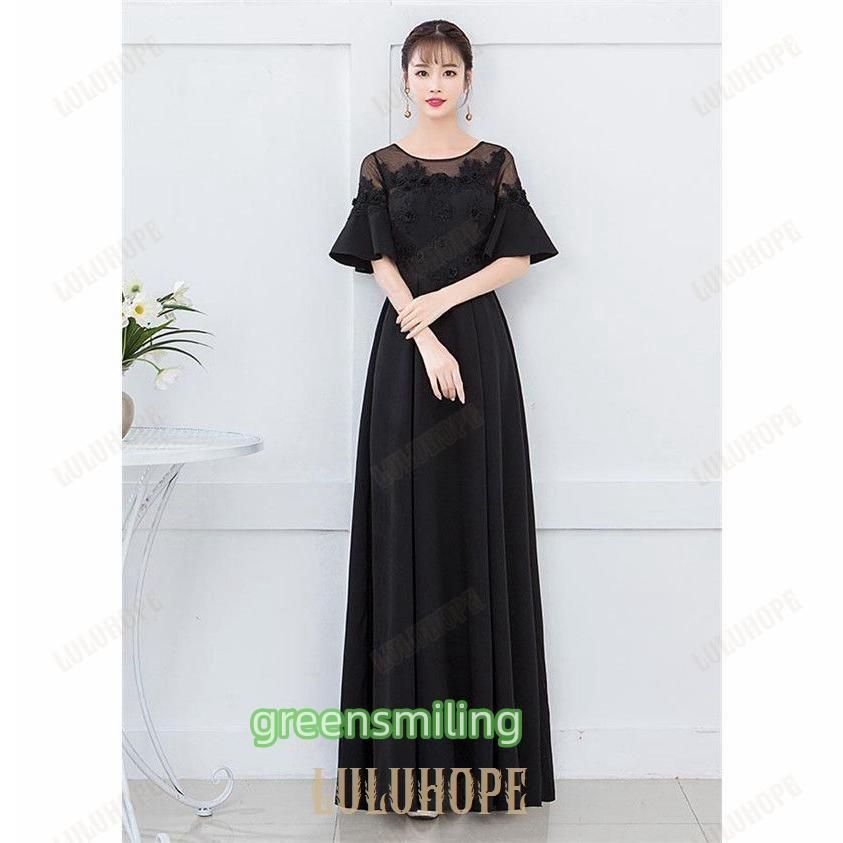 ロングドレス 演奏会 着痩せ パーティードレス ブラック 黒 レディース ロング丈 結婚式 母親 ドレス お呼ばれ 袖あり 大人 ピアノ