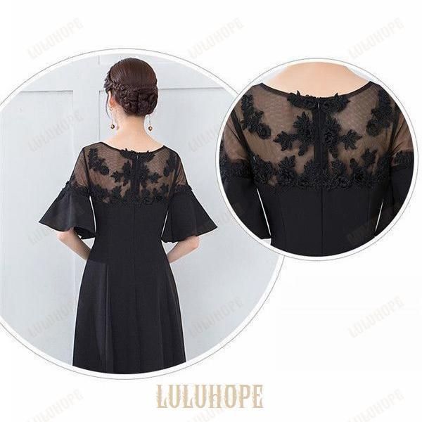 ロングドレス 演奏会 着痩せ パーティードレス ブラック 黒 レディース ロング丈 結婚式 母親 ドレス お呼ばれ 袖あり 大人 ピアノ MAAHADDERANG_COM