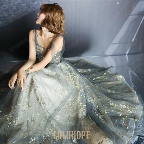 XS-3L Vネック ロングドレス キラキラ パーティードレス 結婚式 大人 ピアノ 発表会 成人式 同窓会 演奏会 Aライン 上品