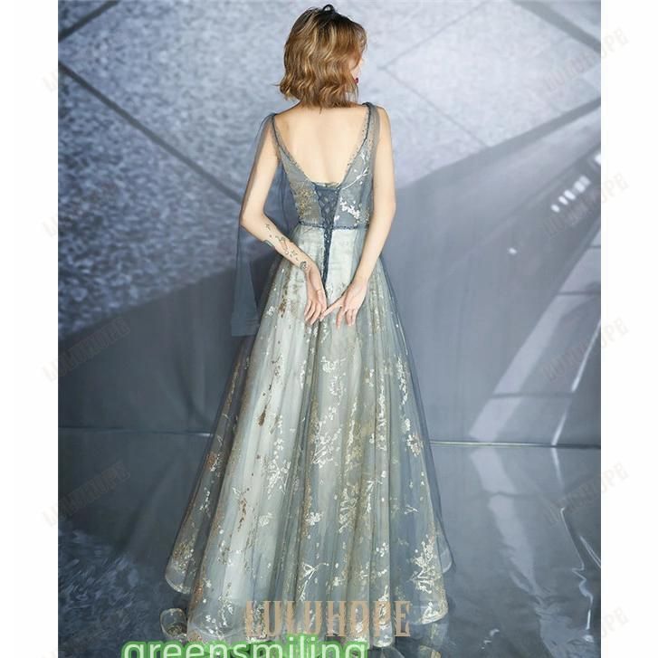 XS-3L Vネック ロングドレス キラキラ パーティードレス 結婚式 大人 ピアノ 発表会 成人式 同窓会 演奏会 Aライン 上品 MAAHADDERANG_COM