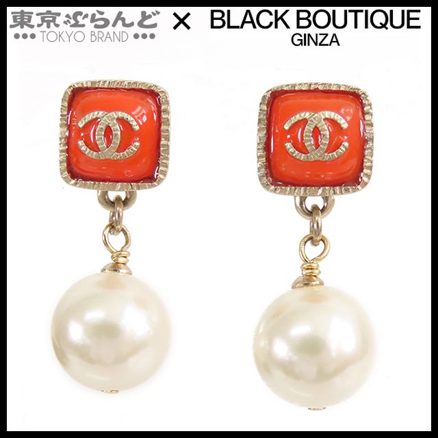 シャネル CHANEL ピアス ゴールドxオレンジ メタル フェイクパール ココマーク スクエア A 14 K GP レディース
