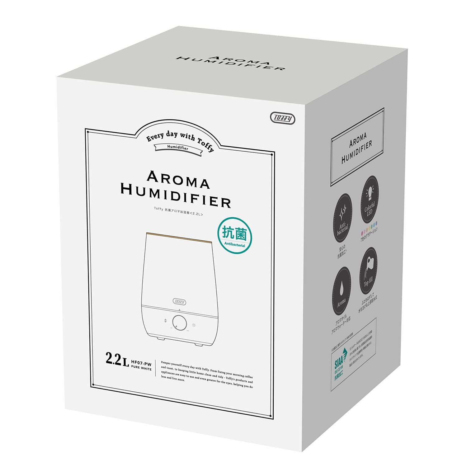 Toffy トフィー 抗菌アロマ加湿器 2.2L HF07 ピュアホワイト 上部給水式 噴霧量調節 抗菌加工 LEDライト アロマオイル アロマウォーター対応 HF07-PW ピュアホワイト