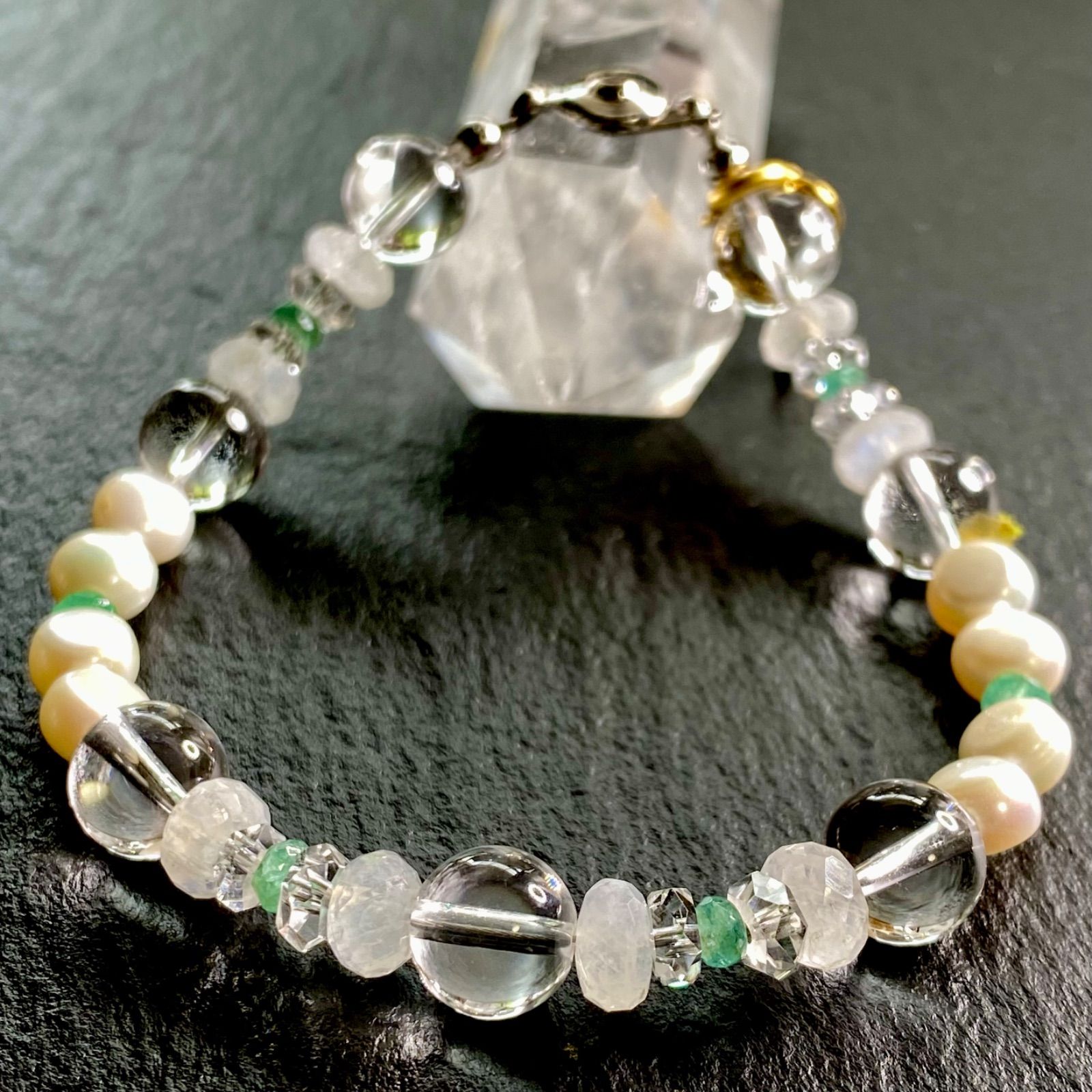 エメラルド 淡水パール レインボームーンストーン ブレスレット B0622-01