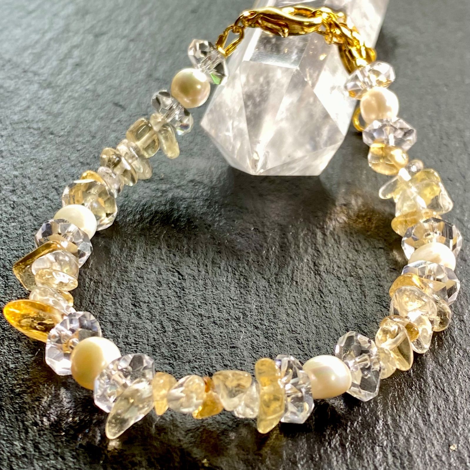 シトリン 淡水パール 水晶 ブレスレット B0622-02