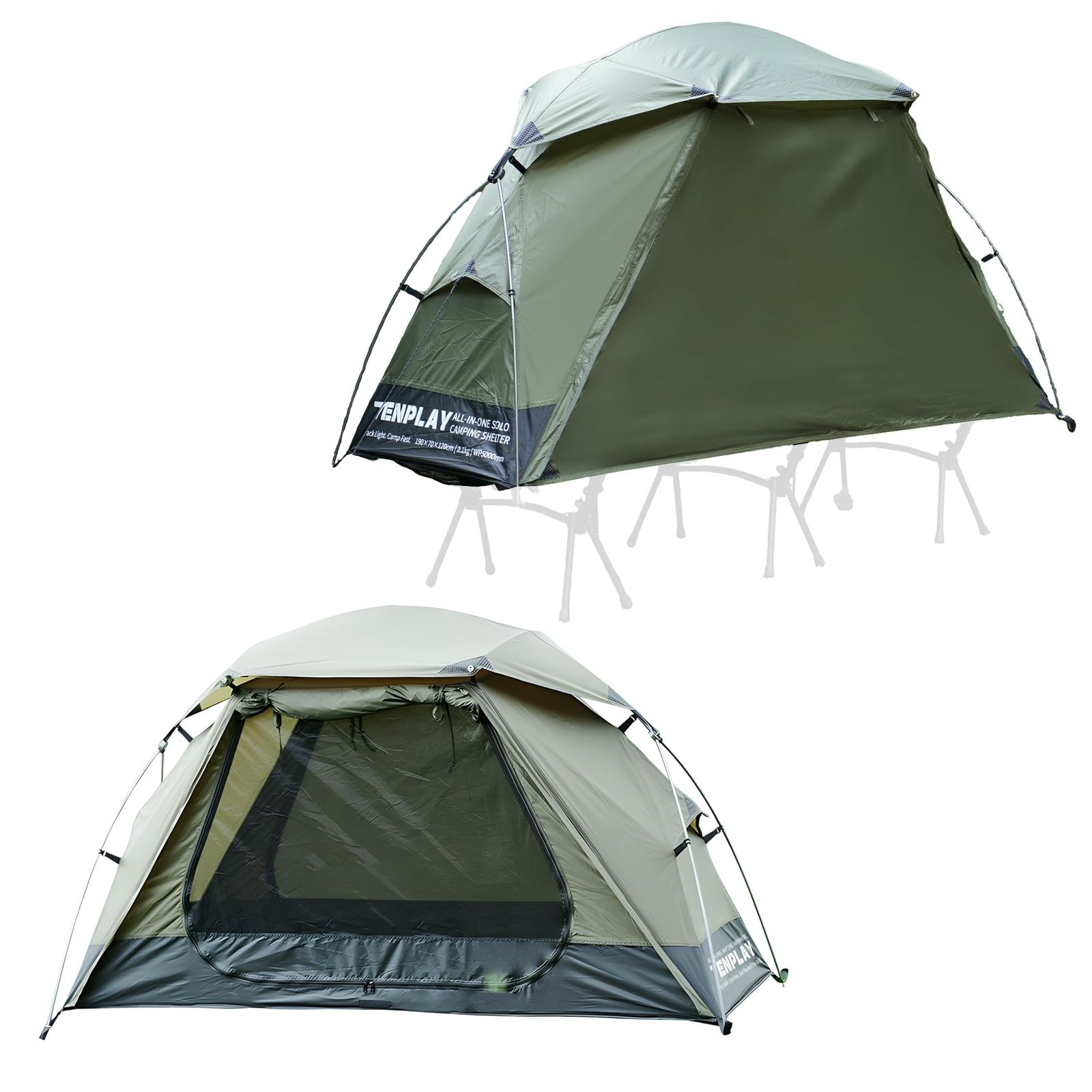 TENPLAY 26年モデル 一体型 自立式 ソロテント コット用テント 1人用 簡単設営 軽量 小型 コンパクト アウトドア キャンプ 7001アルミ 2 kg 190ｘ70ｘ120 cm 防水 耐水5000 mm 前後出入り ハイキング バイク 自転車 登
