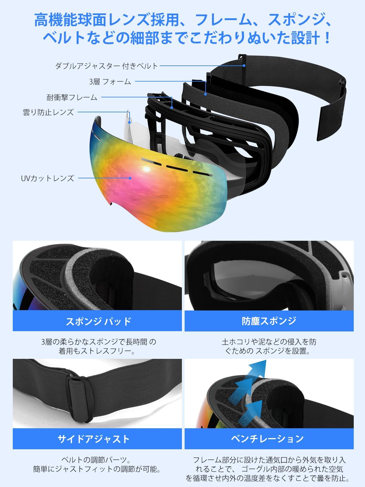 新品 [SUPTMAX] スキーゴーグル スノーボードゴーグル スノー 240&deg;OTG広い視界 2層球面レンズ 曇り防止 スポーツ用 99%UVカット 3層スポンジ メガネ対応 防風/防塵/防雪/防曇/防放射 軽量と耐衝撃 男女の登山またはスキー用のスポーツゴ