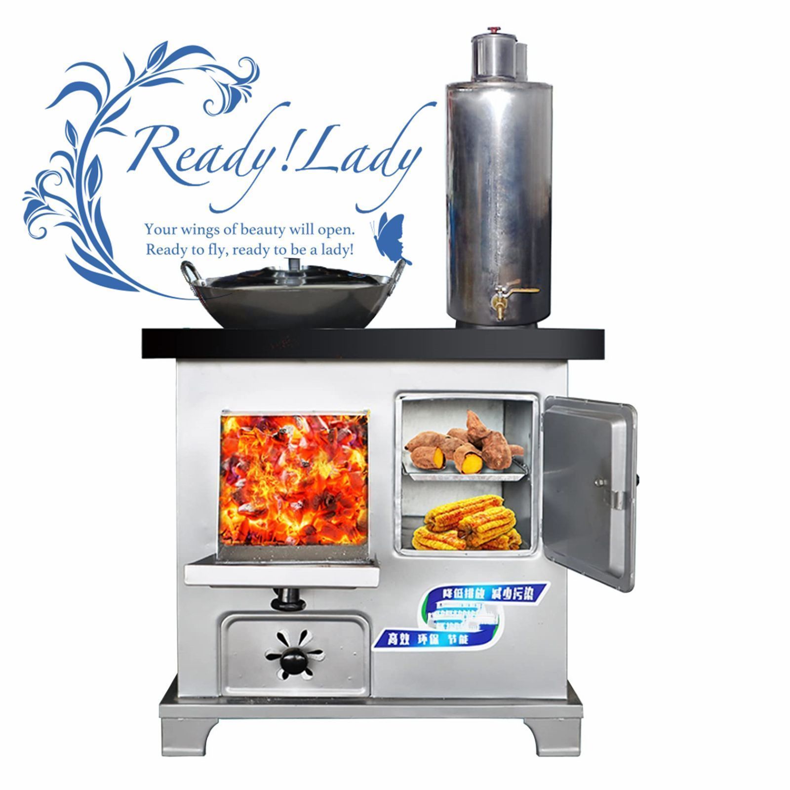 鋳鉄製木炭ストーブ 16リットルの温水タンクと大容量オーブンを備えた省エネ薪ストーブ無煙調理器と加熱オーブン