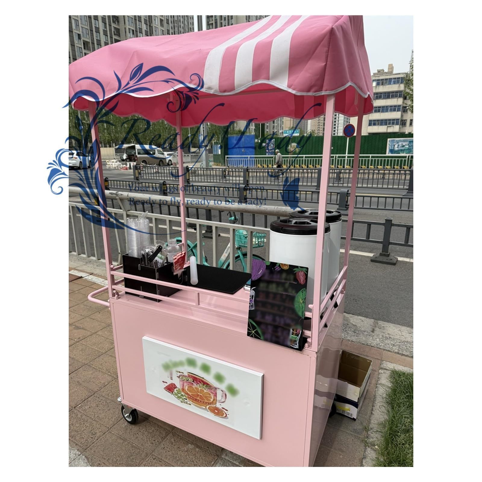 屋台ブース ハンドカート 車輪付き食品小型カート 屋台食品ベンダーカート 商業キオスク屋台 道端屋台ディスプレイラック Pink 140x60x190cm