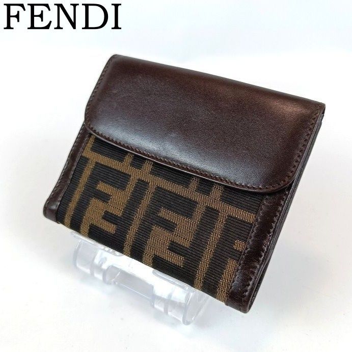 美品 FENDI フェンディ 二つ折り 財布 ズッカ柄 キャンバス レザー 
