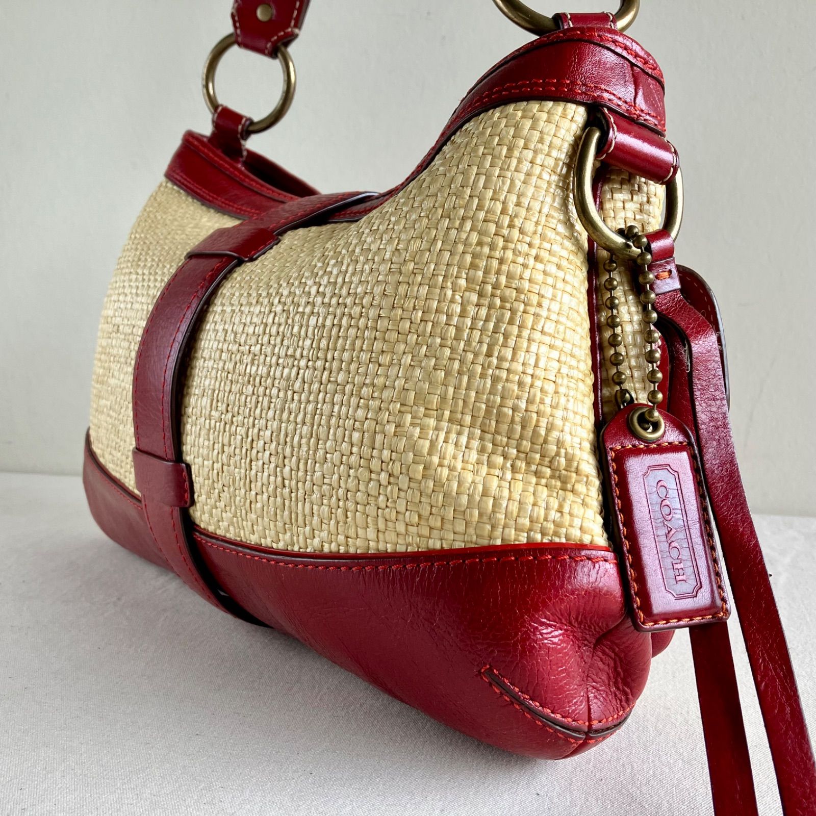 Coach y2k Vintage Legacy Buckle Straw Red Leather Shoulder Hobo