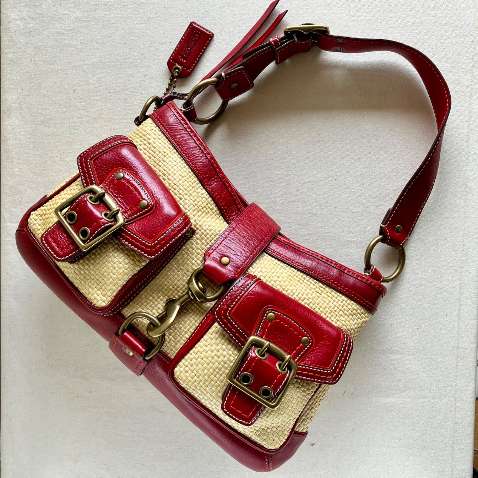 Coach y2k Vintage Legacy Buckle Straw Red Leather Shoulder Hobo 