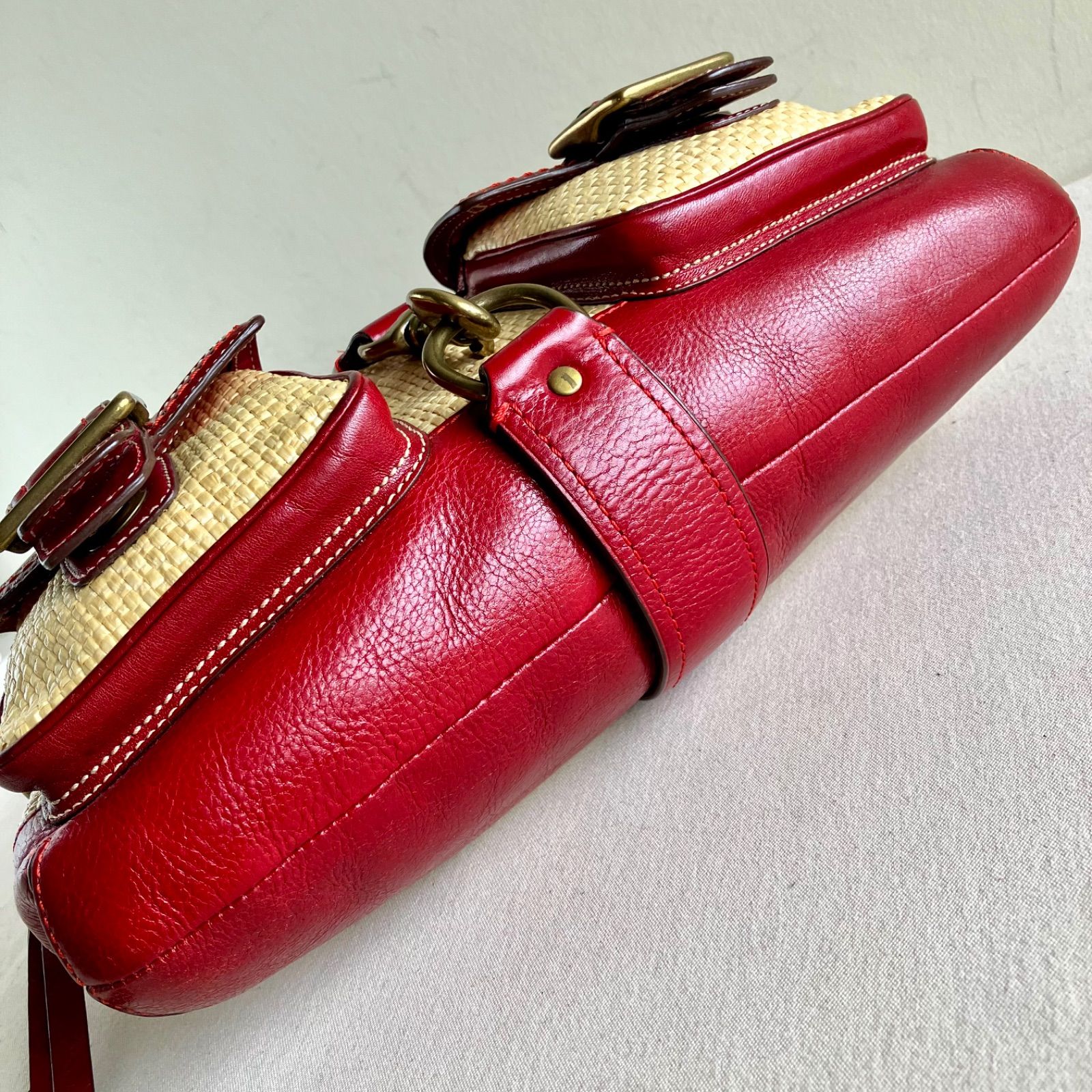 Coach y2k Vintage Legacy Buckle Straw Red Leather Shoulder Hobo 