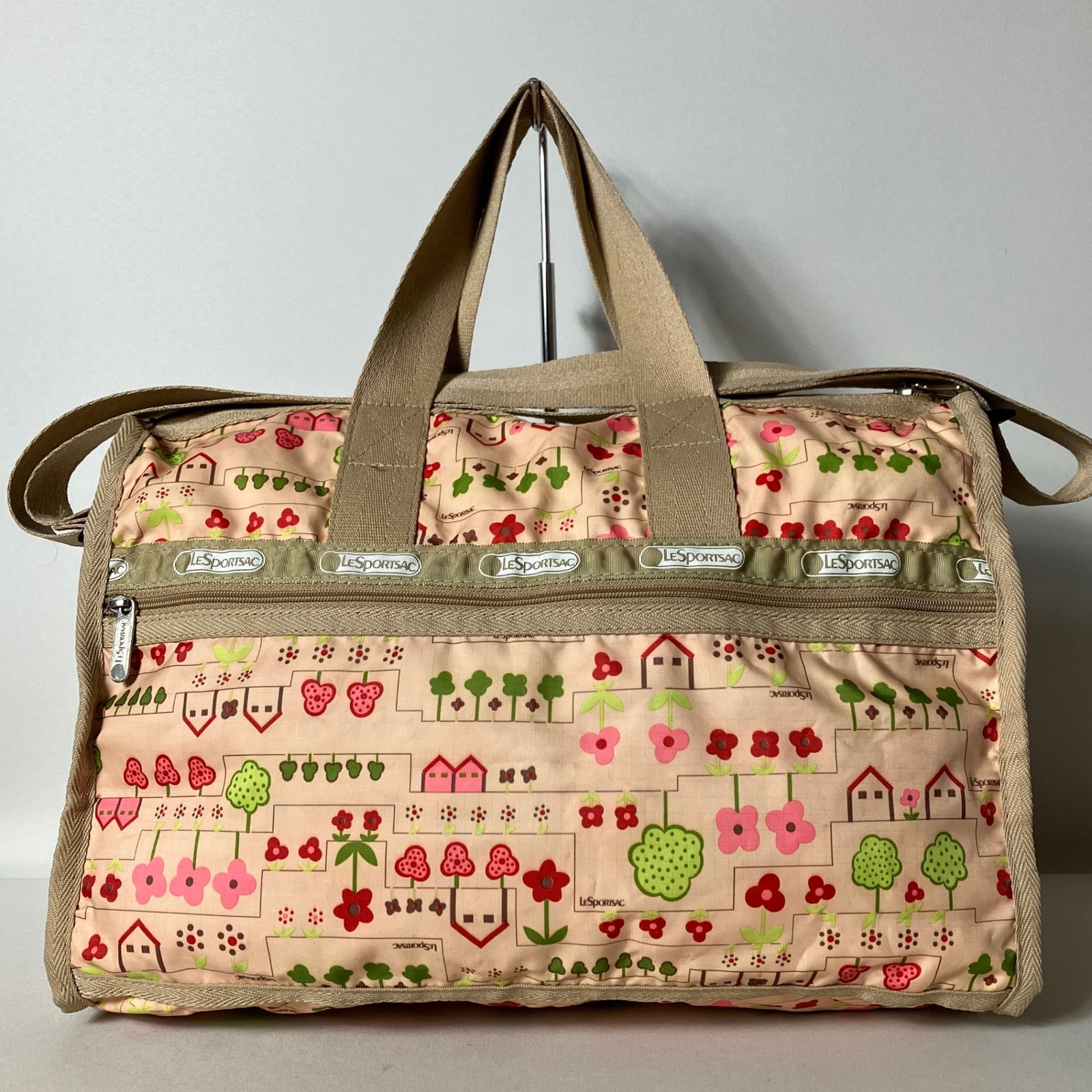 希少ボストンバッグ オードリー柄 総柄 刺繍 ベージュ×金