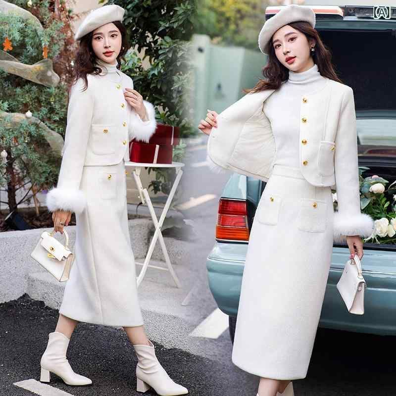 セットアップ 小売 レディース ダウンジャケット ＆ ロングスカート 白