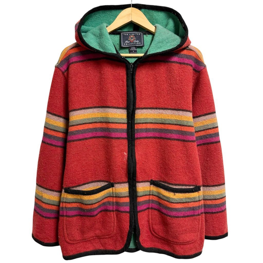90 s THE LIMITED COLLECTION マルチ フーディー ストライプ柄 ブランケットコート フルジップ ポケット付き 赤×黒×ミントグリーン×多色 Mサイズ No.H996