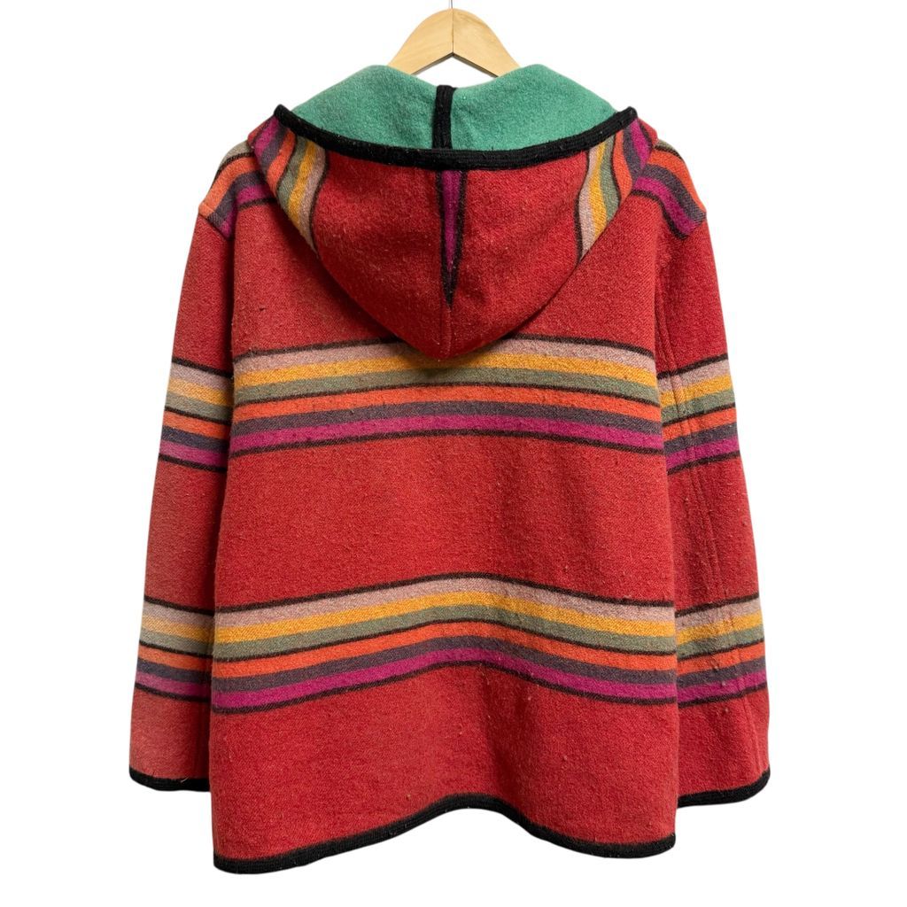 90 s THE LIMITED COLLECTION マルチ フーディー ストライプ柄 ブランケットコート フルジップ ポケット付き 赤×黒×ミントグリーン×多色 Mサイズ No.H996