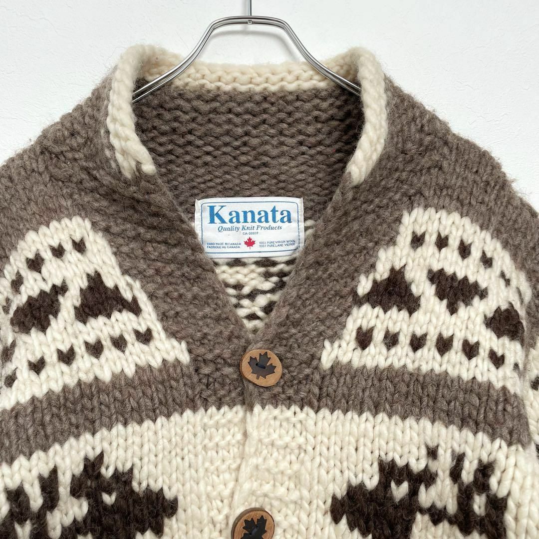 KANATA カナタ ウッドボタン カナダ製 トナカイ カウチンニット 手編み ハンドニット ボタン留め 肉厚 カーディガン ユニセックス