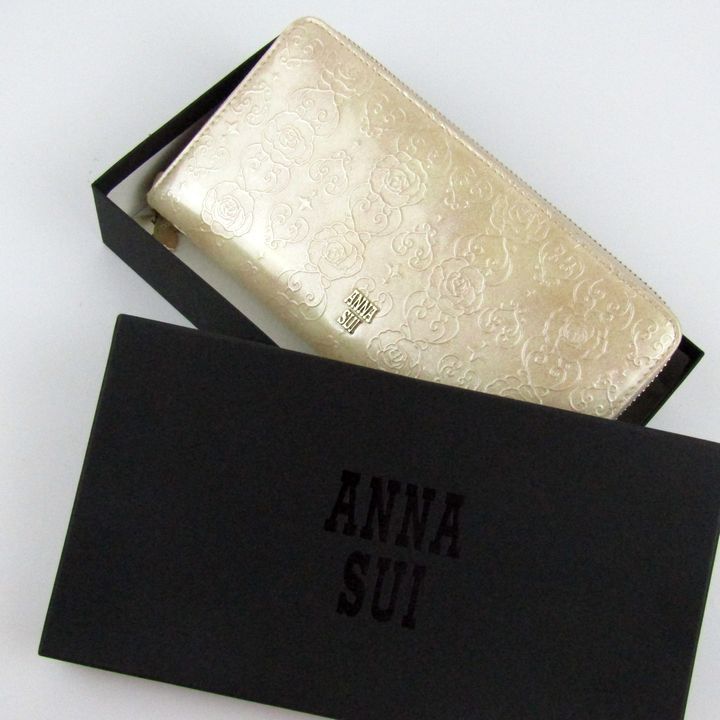 アナスイ ローズハート 長財布 ラウンドファスナー 本革 レザー ロングウォレット ブランド レディース ベージュ ANNA SUI